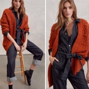 ANTHROPOLOGIE Nuria Cable Knit Oversized Cardigan Sweater Burnt Orange Size XS